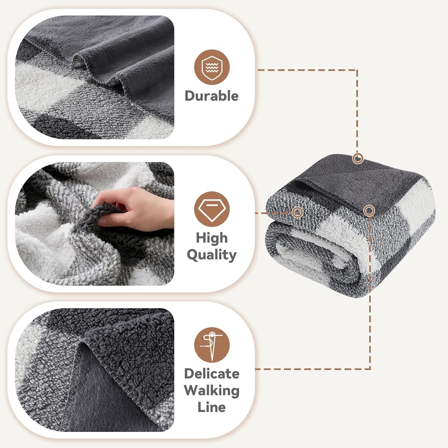 LURKA Checkered Sherpa Fleece Queen-Size Bed Blanket - Extra Thick and Warm Winter Soft Fuzzy Plush Blanket for Couches, Beds & Pets, Smoke Grey, 90x90 Inches