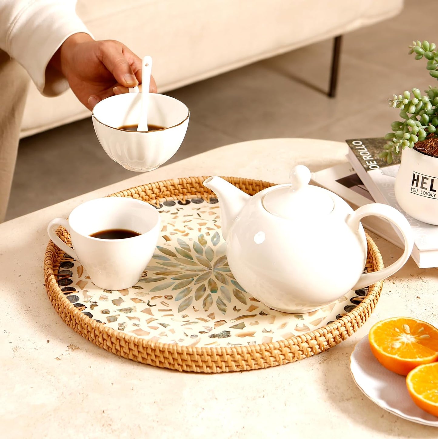 Round Rattan Tray with Mother of Pearl Inlay & Wooden Base - Decorative Wicker Serving Tray for Coffee/Bread/Fruits, Food Storage & Display - Multipurpose Home Decor (M,Fish Scales)