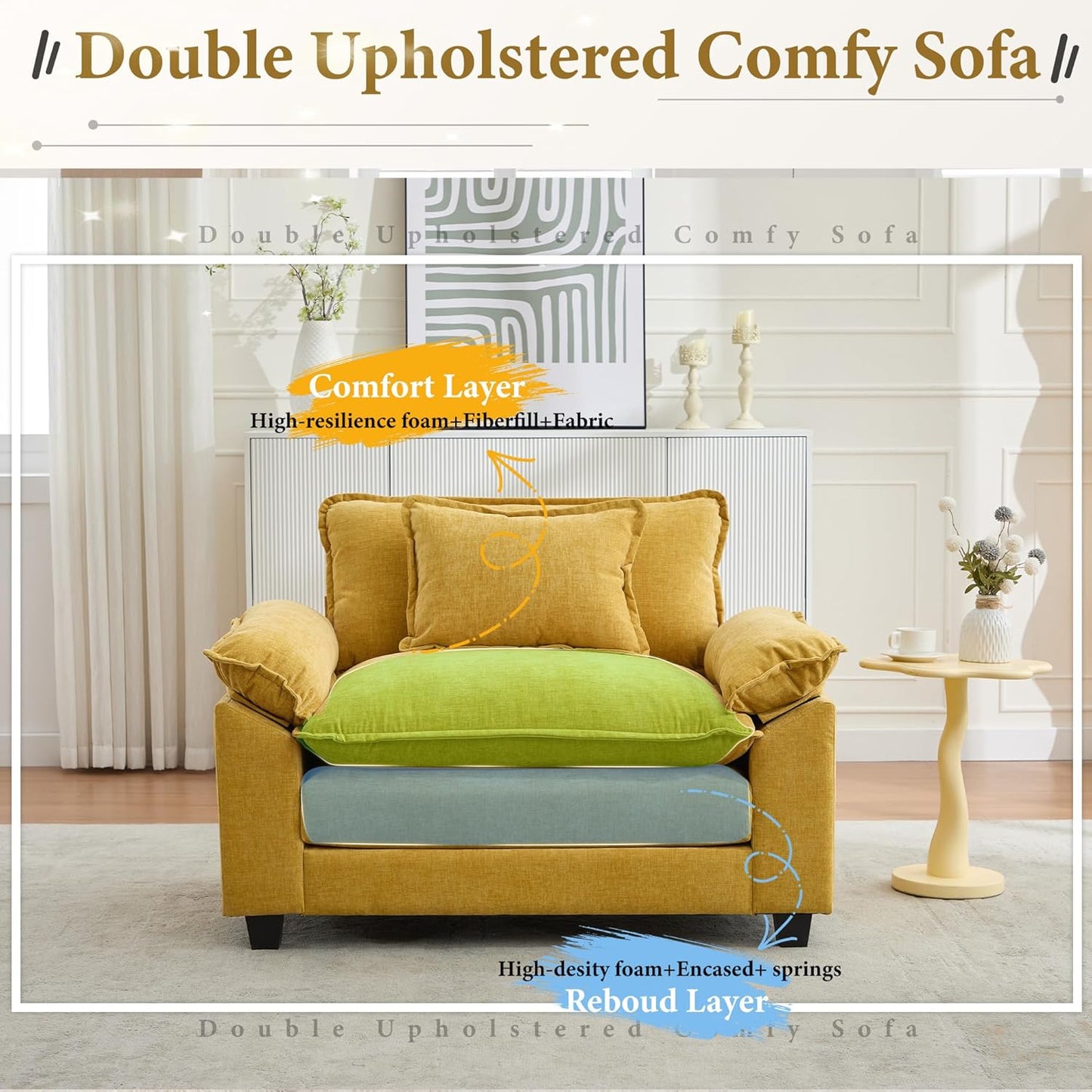 URRED Modular Sectional Sofa Comfy Cloud Couch, Modern Chenille Sofa Sleeper Deep Seat Couches with Ottoman/Pillows for Living Room (Yellow, 53'')