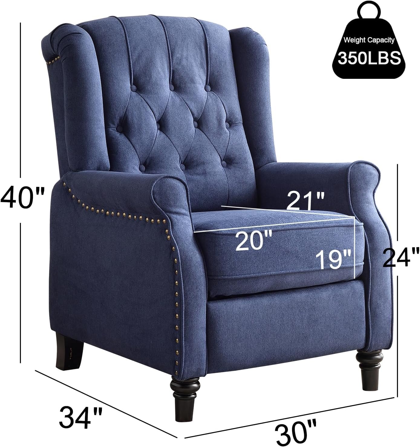 EBELLO Pushback Recliner Chair, Fabric Armchair Push Back Recliner with Rivet Decoration, Single Sofa Accent Chair for Living Room, Bedroom, Navy Blue