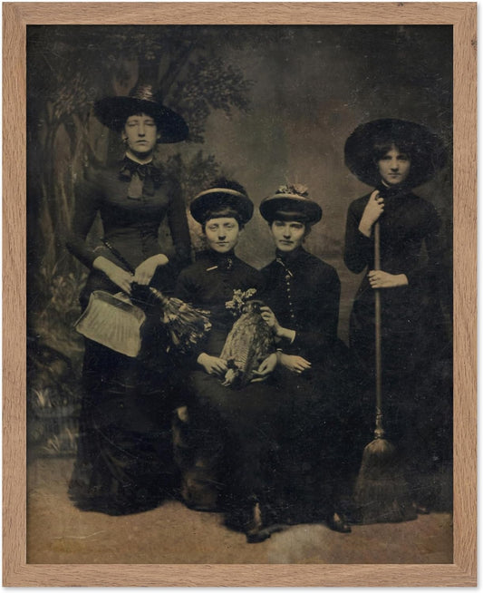 Poster Master Vintage Photograph Poster - Retro Halloween Print - Gift for Artist, Friend - Four Witches Wearing Robes, Sabbath, Coven, Sorcery - Wall Decor for Home, Office, 16x20 Beige Framed
