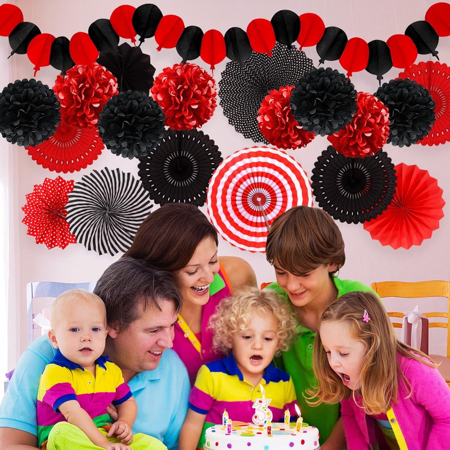 Red and Black Party Decorations, Papar Fans Pompoms Fans Garlands for Birthday Wedding Graduation Game Night Boy Girl Party Decorations