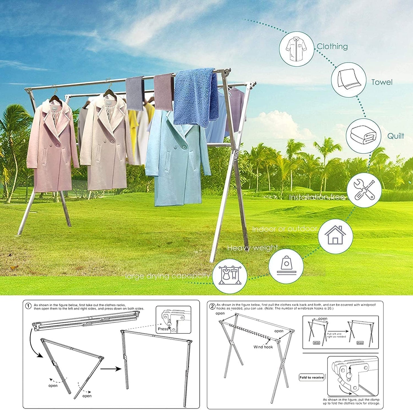 Clothes Drying Racks Outdoor, 82 Inches Updated Version,Stainless Steel Laundry Drying Rack for Indoor Outdoor and The Balcony,Length Adjustable Saves Space,with Windproof Hooks(004)