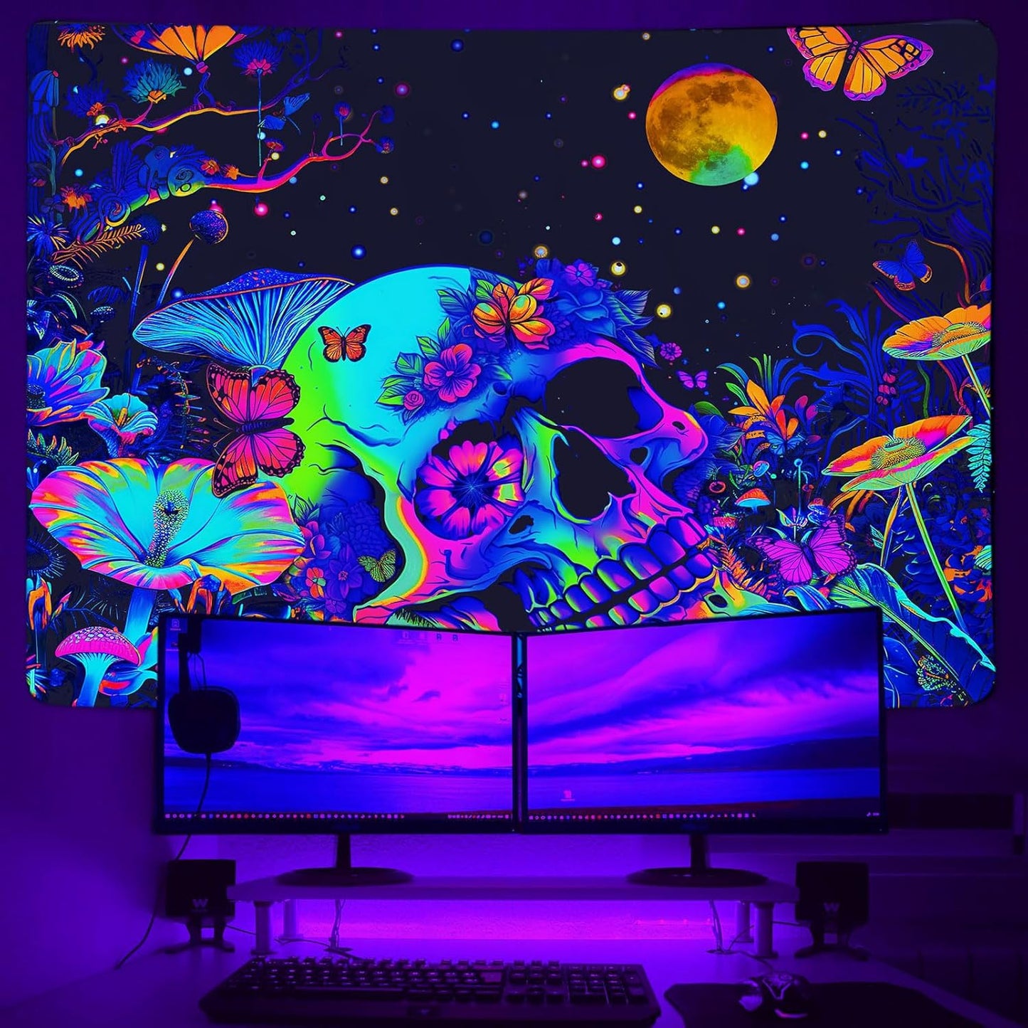 Xiaoput Blacklight Skull Skeleton Tapestry for Bedroom, Floral UV Mushroom Plants Reactive Tapestry, Glow in the Dark Black Light Poster, 90x70IN