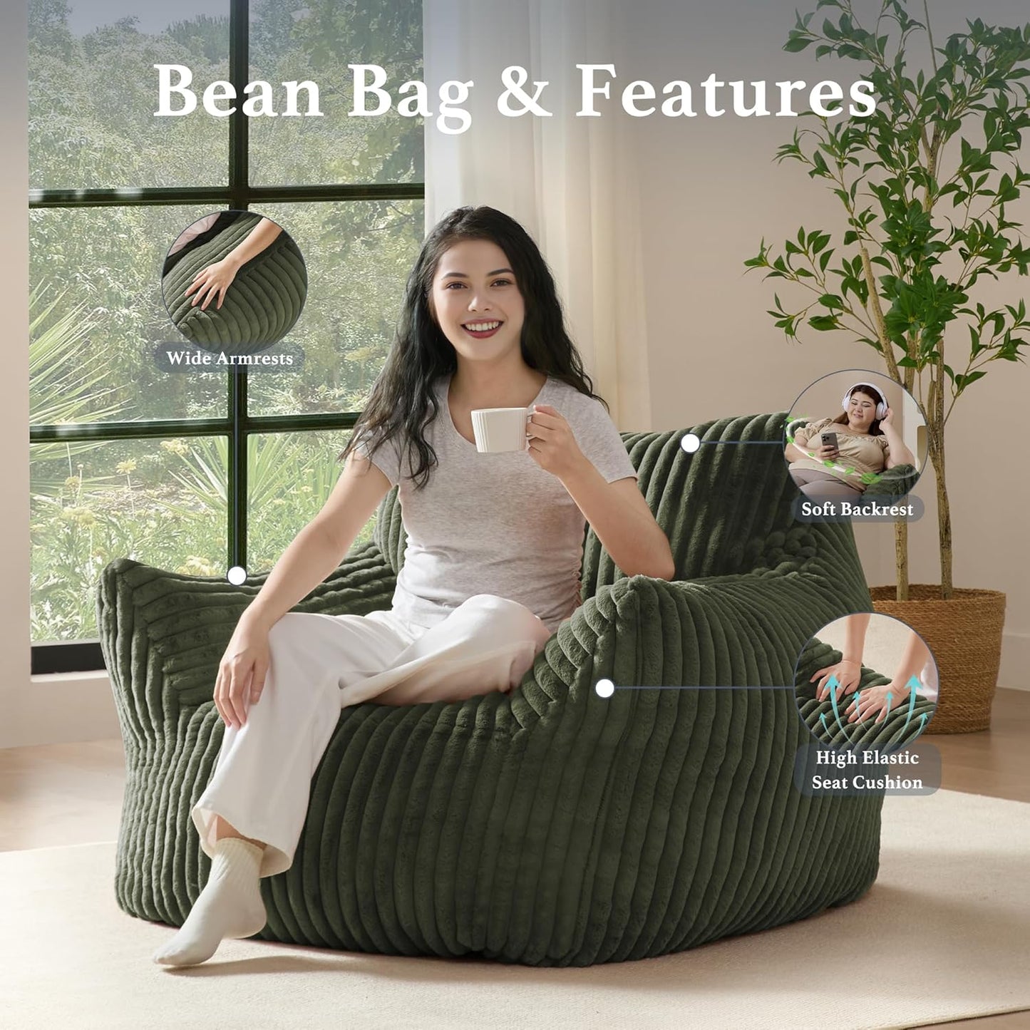 Giant Plush Bean Bag Chair for Adults with Armrests - Oversized Comfy Green Beanbag Lounge Lazy Floor Sofa Accent Chair for Living Room, Bedroom & Dorm, Cozy Fluffy Single Cloud Mini Couch