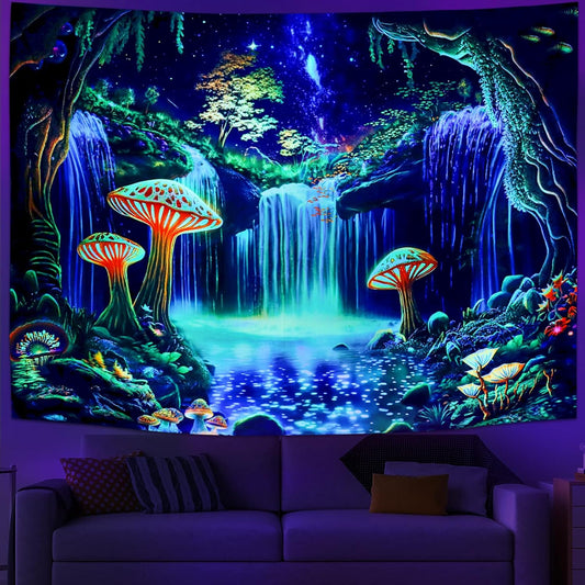 Ameyahud Blacklight Fantasy Forest Tapestry UV Reactive Waterfall Tapestries Starry Sky Tapestry Neon Nature Plant Wall Hanging Decor for Home
