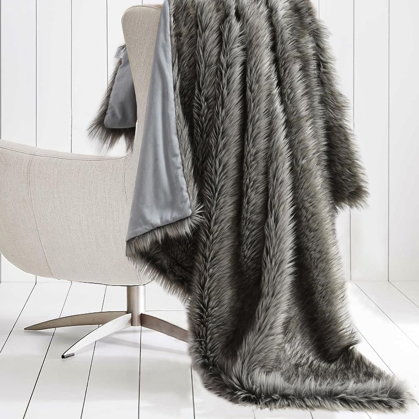 HORIMOTE HOME Luxury Plush Faux Fur Throw Blanket, Long Pile Grey with Black Tipped Blanket, Super Warm, Fuzzy, Elegant, Fluffy Decoration Blanket for Couch, Armchair, Sofa and Bed, 50''x 60''