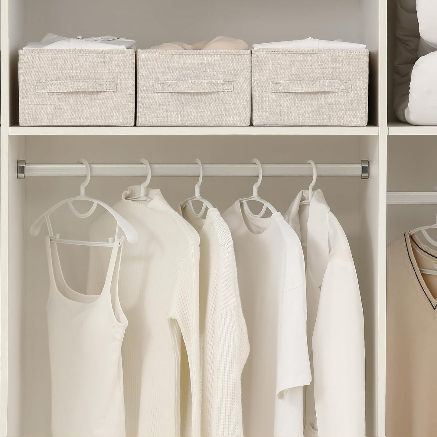 Linen Folding Storage Bins, 3 Pack Large Storage Baskets, Washable, Clothing Storage Bins with Handle, Closet Organizer for Storage Sweater,Sheets (Beige, 16"x9½"x6¾")