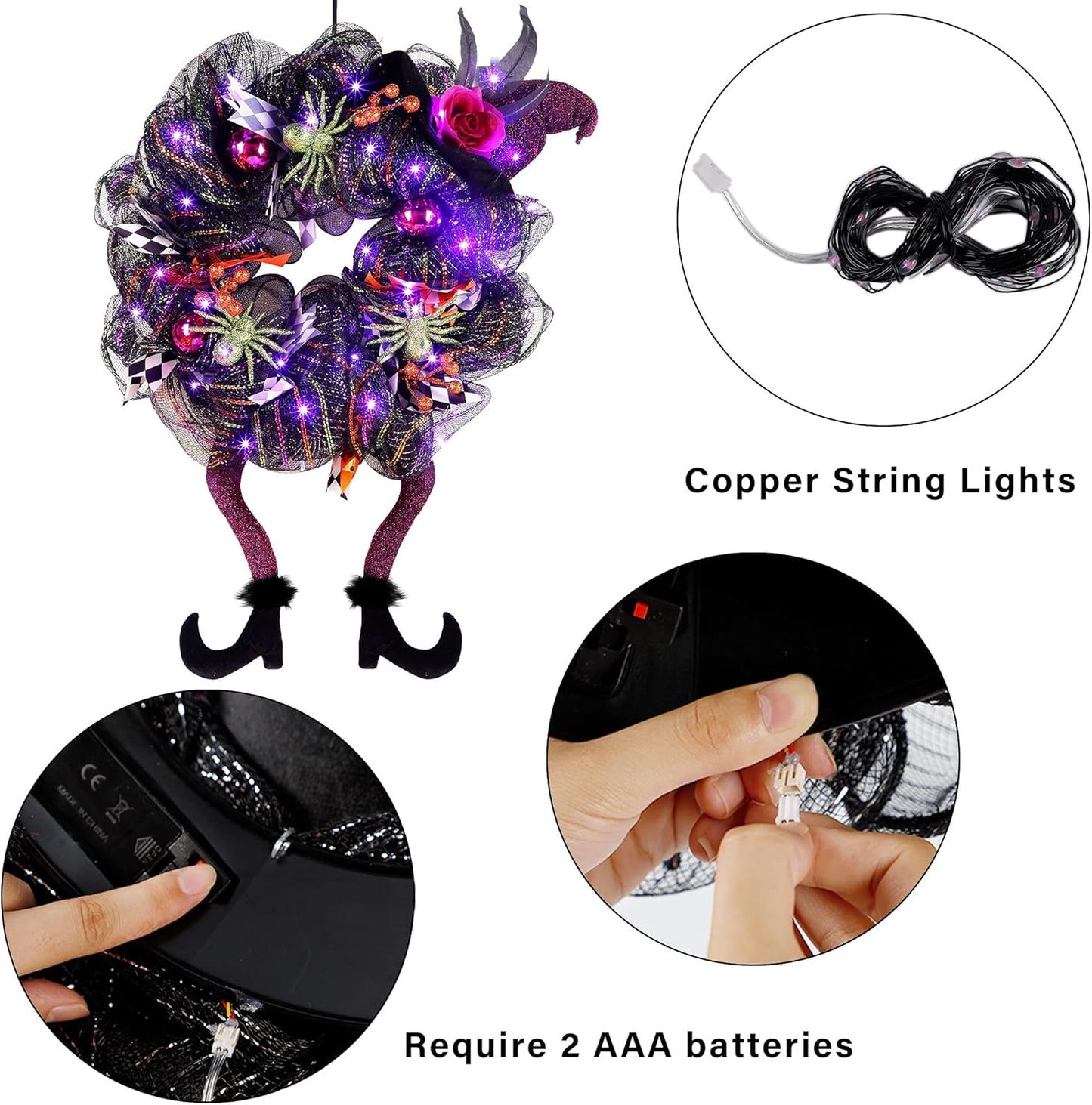 Lulu Home Halloween Front Door Wreath, Purple LED Lighted Witch Hat Wreath, Battery Operated, NOT PRELIT