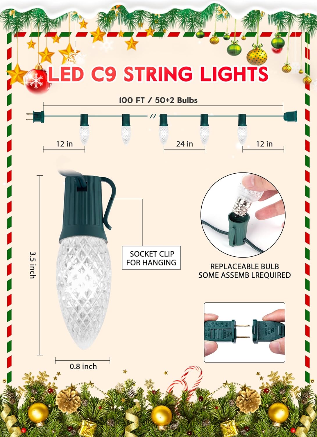 Brightown Outdoor Christmas Lights, 100 Ft C9 LED Commercial String Lights with Pure White Strawberry C9 Bulbs, Waterproof Connectable UL Certified C9 Lights for Indoor Yard Xmas Tree House Decor