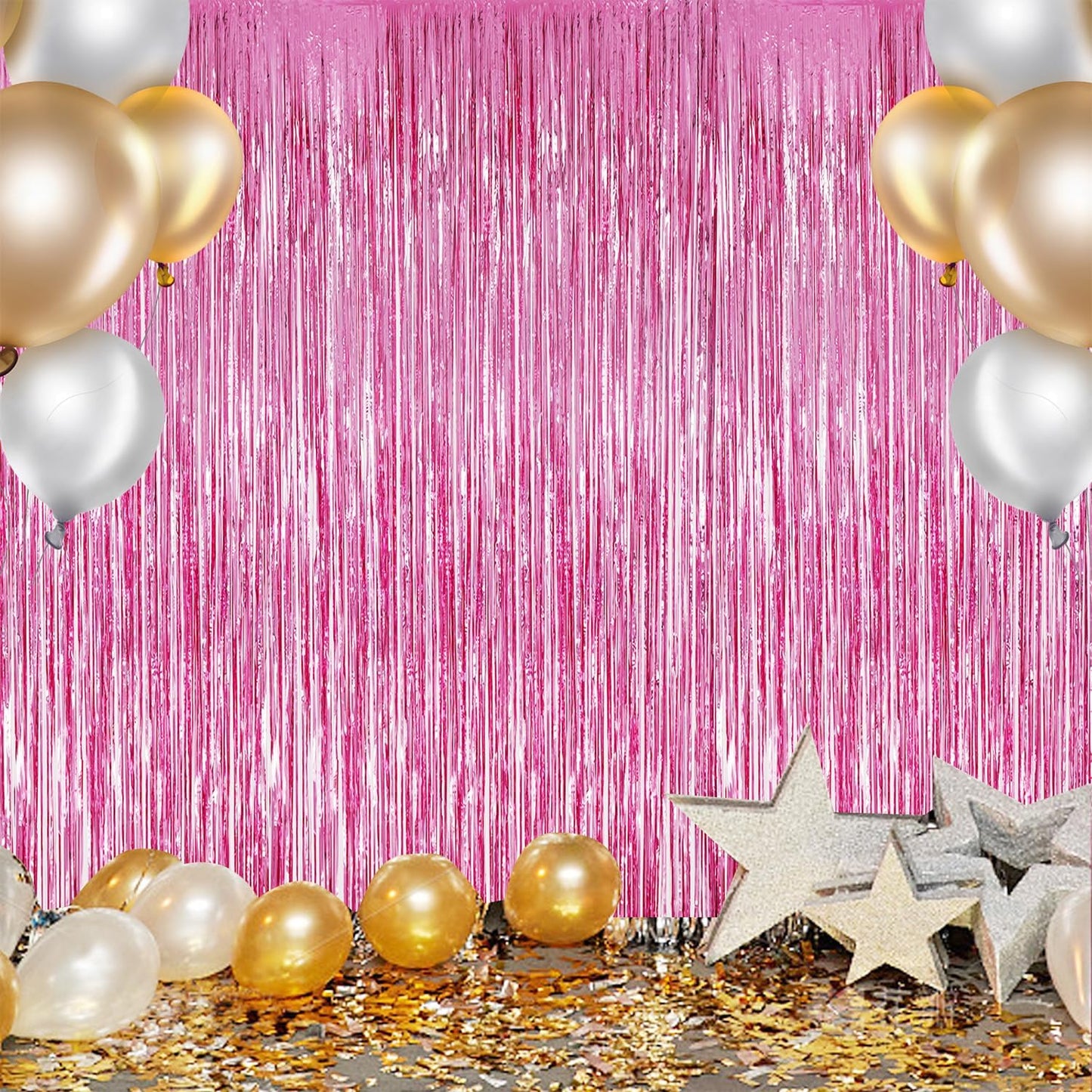 3 Pack Foil Fringe Backdrop - Pink Shiny Tinsel Curtains for Party Decoration/Photo Booth Props - 3.3x8.2 FT Metallic Foil Backdrop for Birthday, Wedding, Graduation, Christmas.