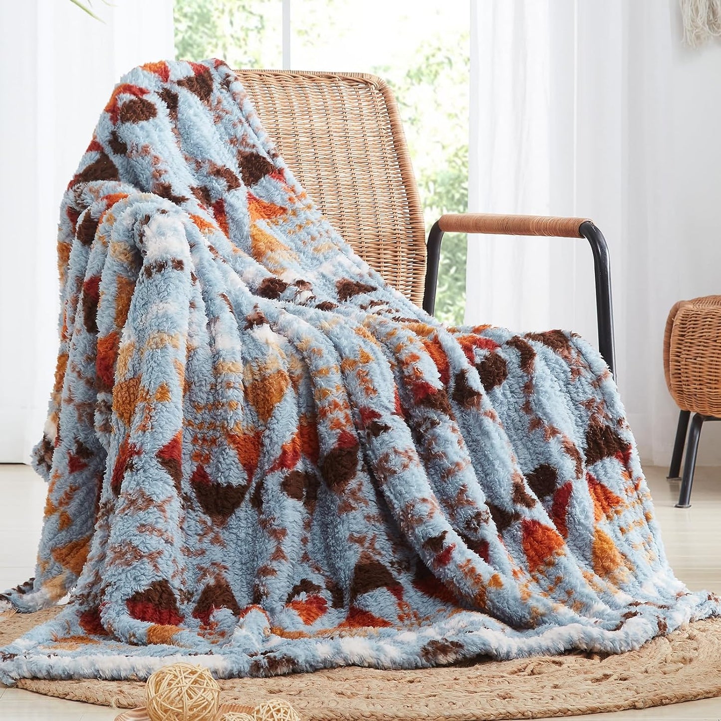 CASAAGUSTO Boho Sherpa Throw Blanket, Aztec Throw Blanket, Ultra Soft, Warm, Cozy, Plush, Thick Fleece Bohemian Blanket for Couch, Bed, Sofa (Blue Grey 50 * 60 Inch)