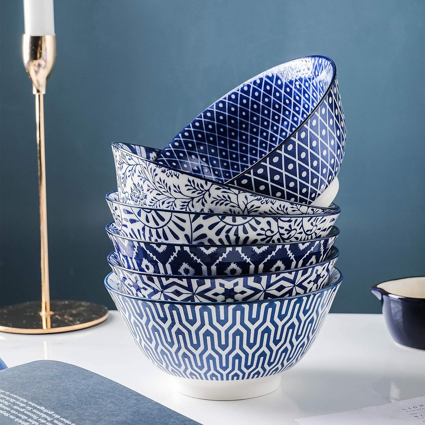 Selamica Blue and White Porcelain 20oz Cereal Bowl Set - Set of 6, 6 inch Soup Bowls, Ceramic bowls for Cereal, Soup, Salad and Pasta, Vintage Blue