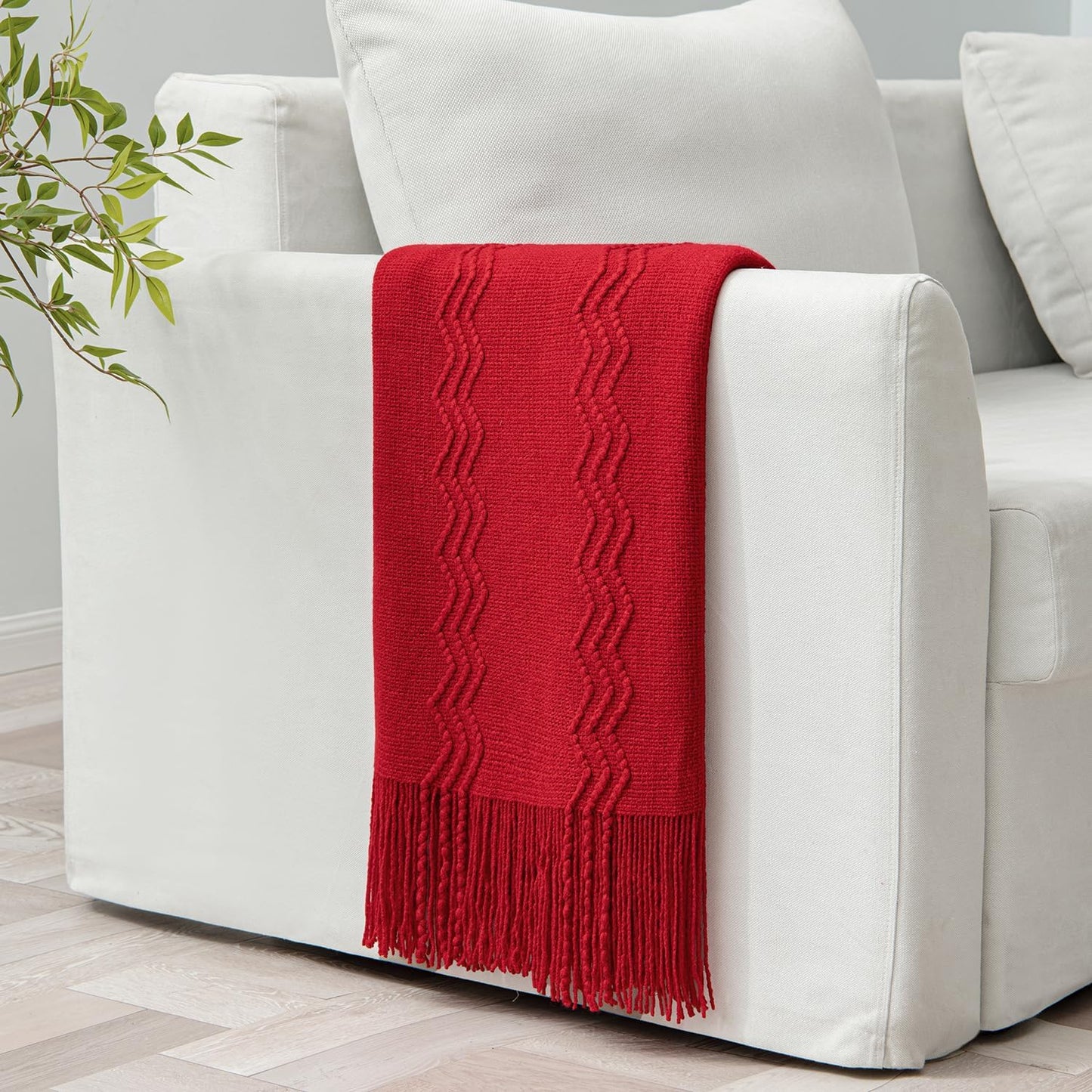 MIULEE Red Knitted Throw Blanket for Couch Boho Textured Cozy Woven Blanket with Tassels for Sofa Chair Bed Living Room Acrylic Wave Pattern 60"x80"