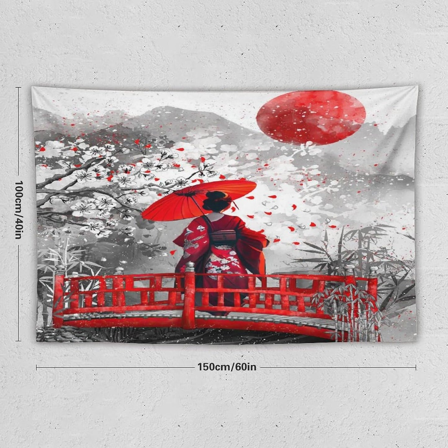 Japanese Red Geisha Tapestry Asian Cherry Blossom Red Sun Traditional Kimono Folk Tapestries Home Decor for Living Room Bedroom Apartment Farmhouse Dorm 60"x40"