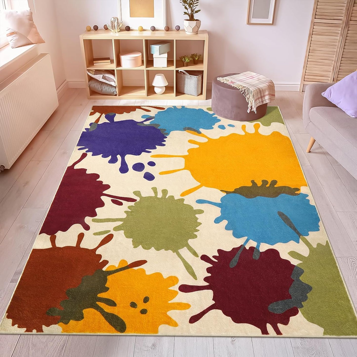 STARUIA Large Area Rug for Living Room, 8'x10' Rainbow Kids Rug for Classroom, Colorful Art Washable Rugs for Bedroom, Non-Slip Ink Splotch Nursery Rugs Soft Modern Living Room Carpet for Dorm School