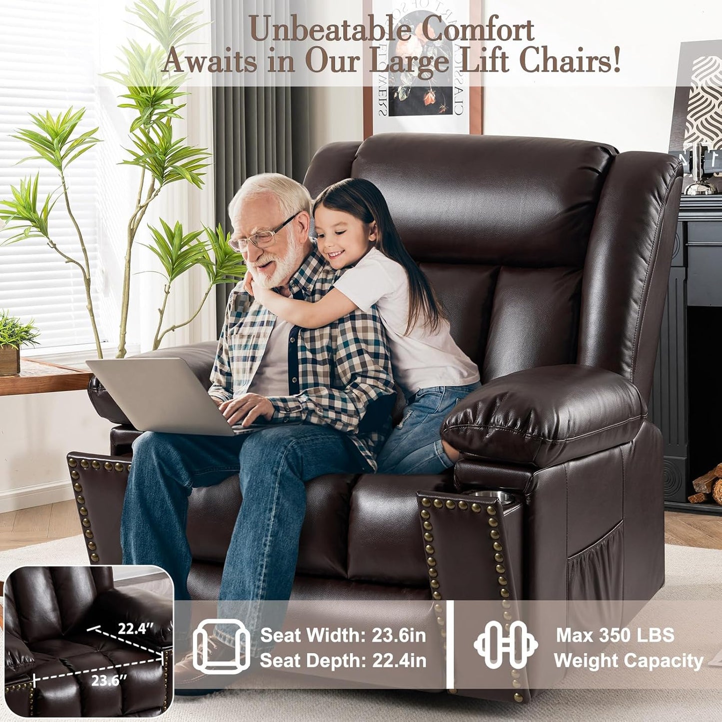 Electric Power Lift Recliner Chair for Elderly with Heat & Massage, Large Breathable Leather Reclining Chairs w/2 Concealed Cup Holders for Seniors Home Living Room,Bedroom,1PC,Brown