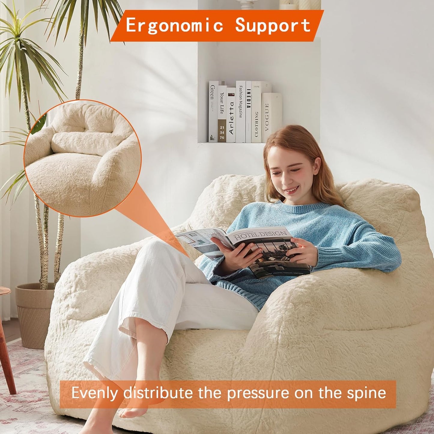 Bean Bag Chair for Adults with Pillow,Oversized Bean Bag Couch for Adults Chairs,Giant Lazy Couch Sofa Chairs with Filler,Large Reading Chair for Living Room Bedroom,Apricot