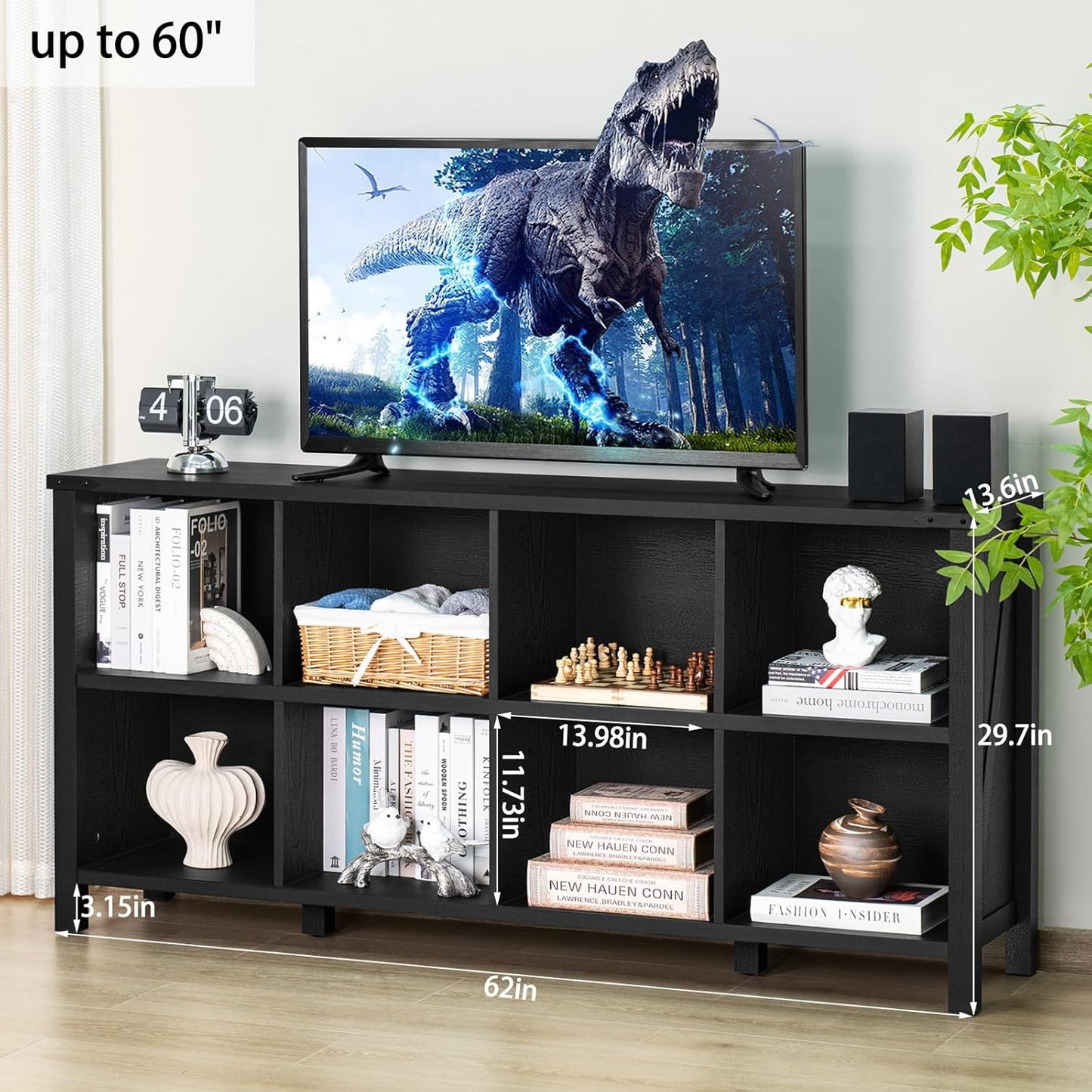 8 Cube Book Shelf, Farmhouse Wood Long Storage Organizer Bookcase, 62" Horizontal Black Console Closet Bookshelf, Hallway TV Stand for Entryway, Display Cabinet Book Case for Living Room