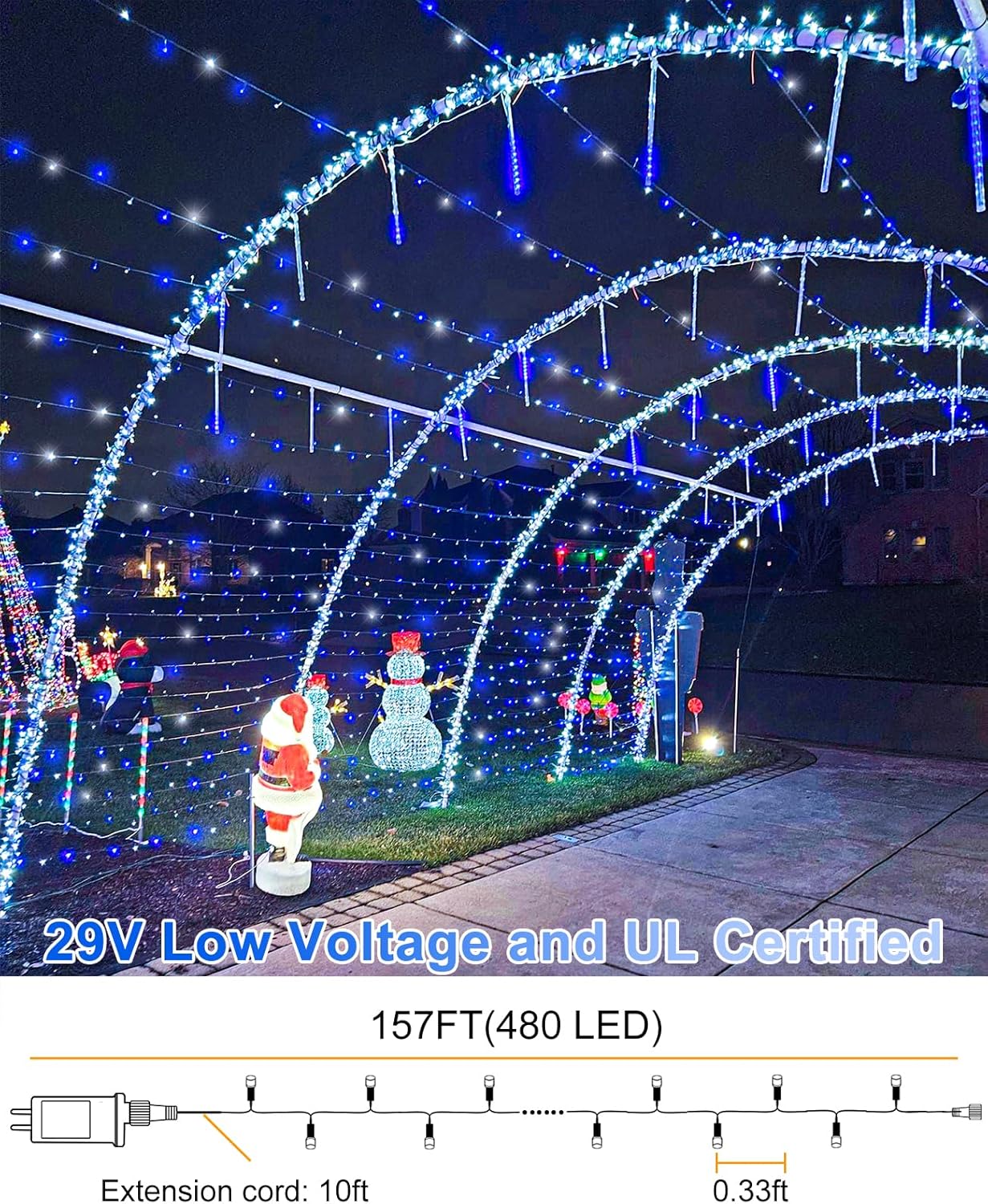 Christmas Lights Outdoor, 157FT 480 LED Christmas Tree Lights Waterproof, 8 Modes Plug in Fairy String Light for Indoor Bedroom Garden Patio Porch Xmas Party Decorations, Blue White