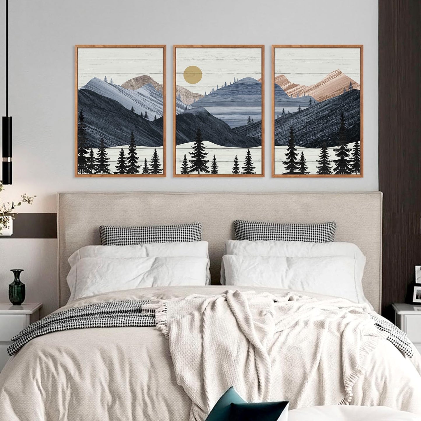 KAIRNE Mountain Canvas Wall Art,Abstract Landscape Wall Decor Set of 3(16”X24”),Sunrise Pine Forest Nature Prints,Wilderness Scenery Pictures for Living Room Bedroom Farmhouse Office Decor,Framed