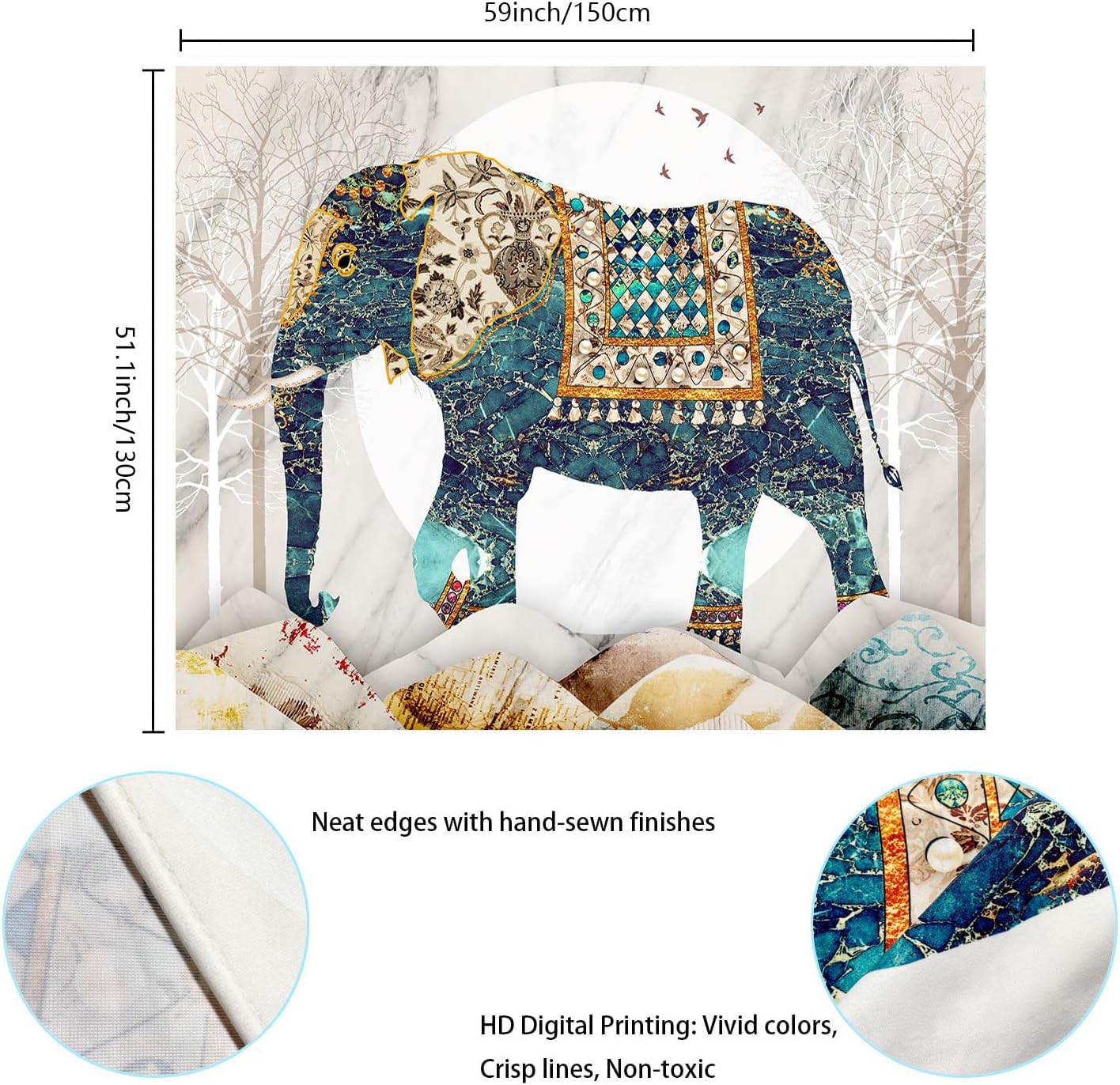 Elephant Tapestry, Forest Moon Tapestries, Bohemian Hippie Boho Trippy Indie Aesthetic Wall Tapestry, Watercolor Yoga Mystic Vintage Wall Hanging, Home Decor for Bedrooms Living Rooms Dorm Studios