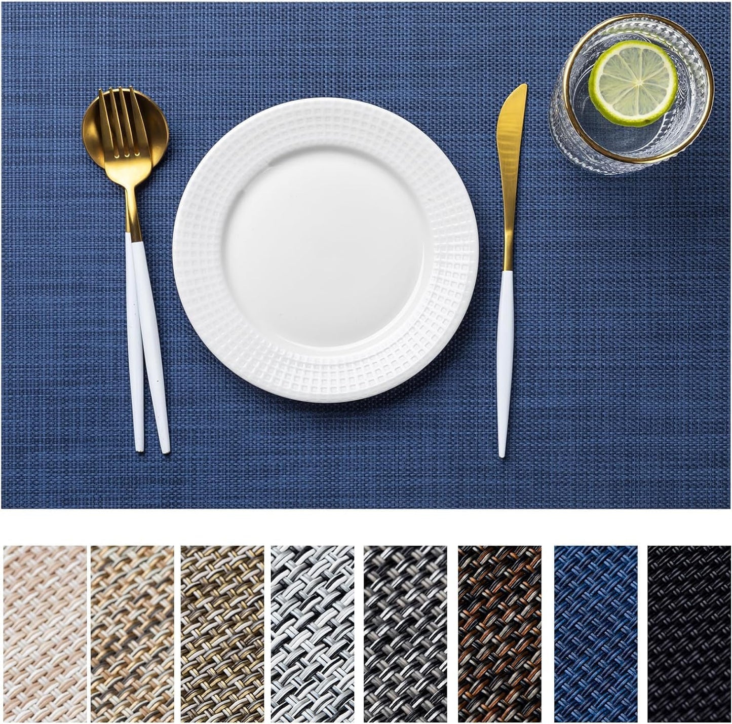 LEXMORE PlaceMats Set of 12 Vinyl/Plastic Woven Place Mats for Kitchen Table Indoor/Outdoor Washable PlaceMats Wipeable Dining Table Mats(Navy Blue)