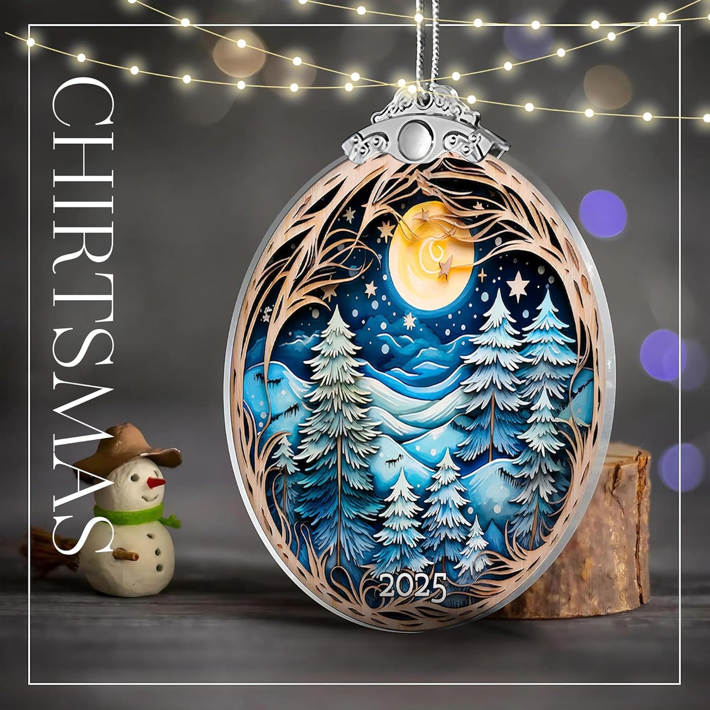 Christmas Ornaments, Winter Night Landscape 2025 Christmas Ornament, Large Acrylic Ornaments for Christmas Tree, White Elephant Gifts, Christmas Decor (Blue Forest)