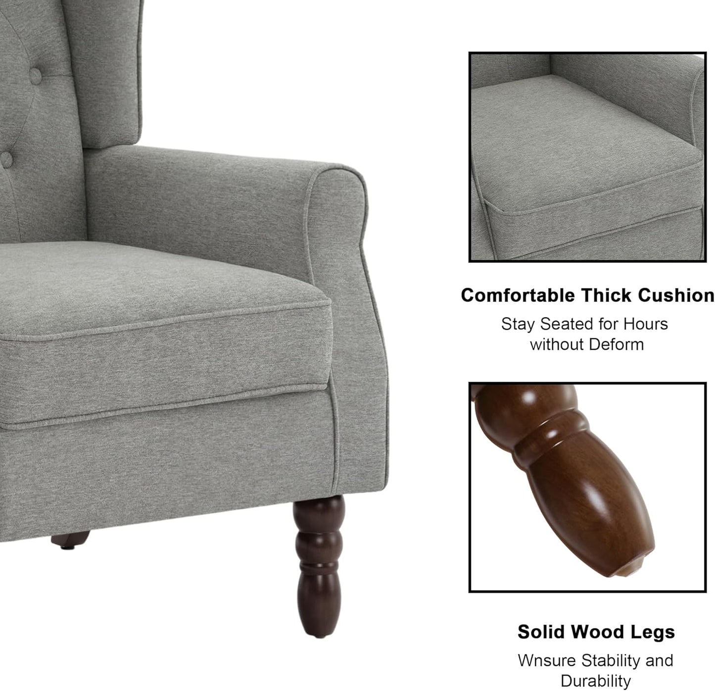 Accent Chair, Upholstered Armchair with Button Tufted High Back & Solid Wood Legs, Comfy Wingback Reading Single Sofa Chair for Small Spaces, Living Room, Bedroom (Light Grey, Set of 1)