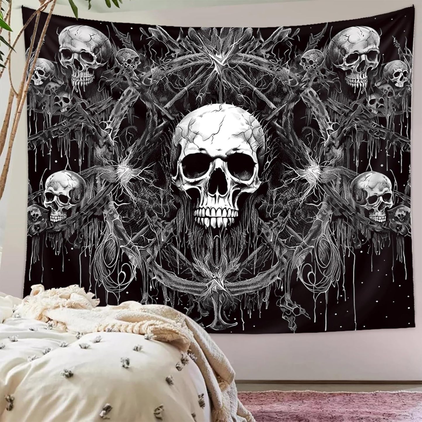 Tapzen Gothic Black and White Wall Tapestry - Dark Skeleton Horror Design - Aesthetic Cool for Bedroom or Living Room (60 x 40 inches)