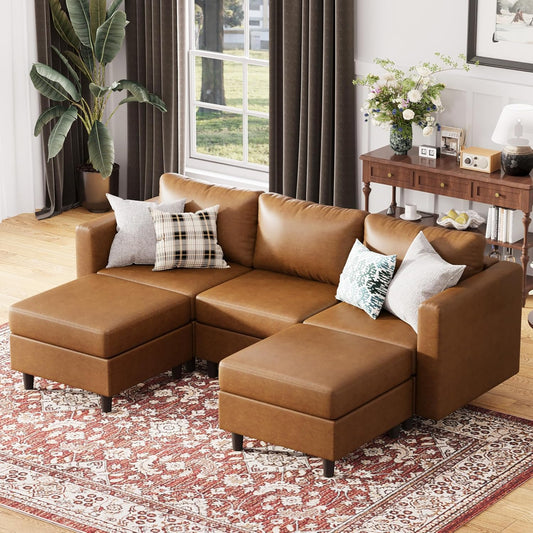 91.5" Faux Leather U Shaped Modular Sectional Sofa, 5 Seater Couch with Movable Ottoman Deep Seat and Storage Seat with Removable Cover for Living Room, Apartment - Brown