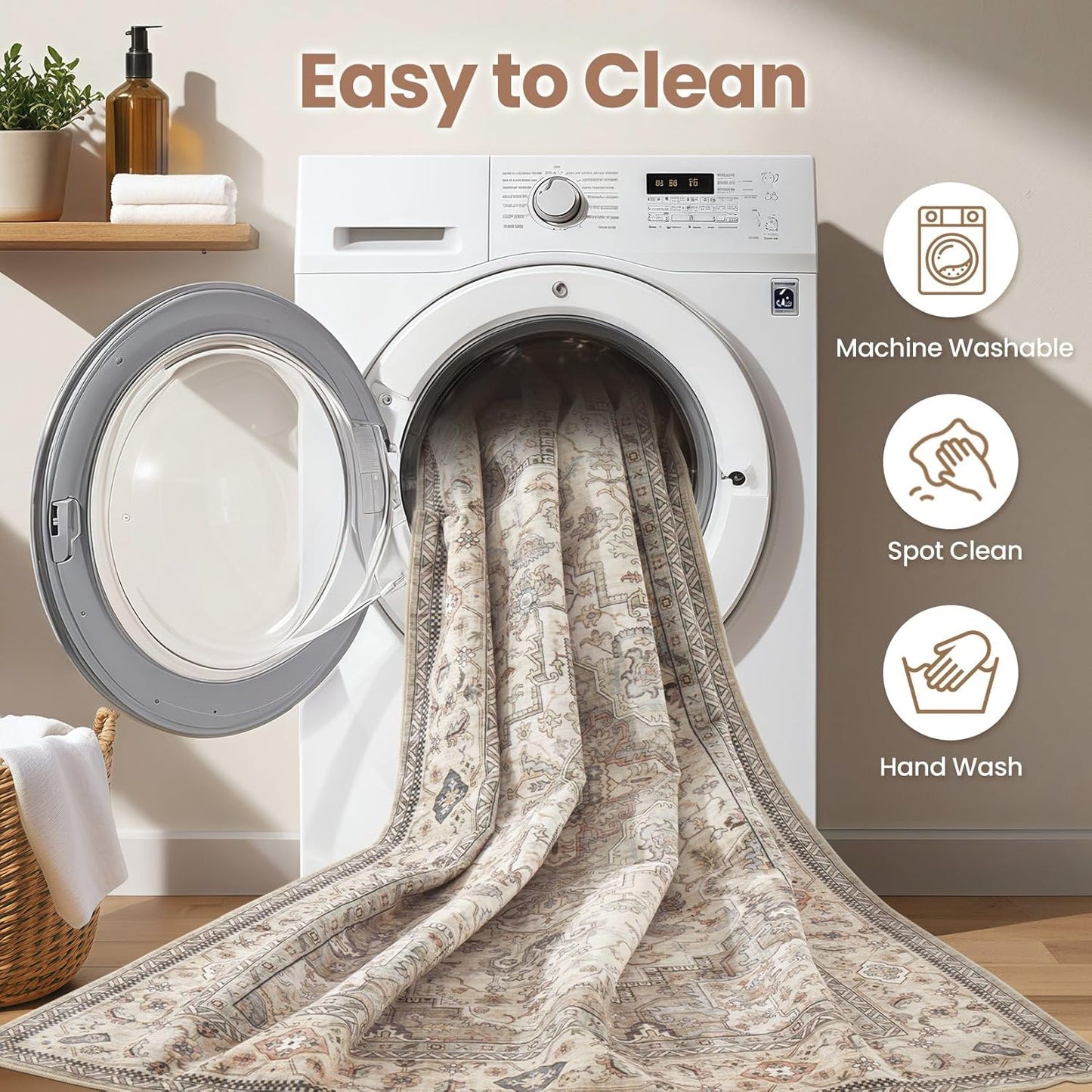 Washable Area Rugs for Living Room -10x12 Neutral Vintage Distressed Floral Farmhouse Boho Large Soft Floor Rug Indoor Non Slip Carpet for Living Room Bedroom Dining Room Office-Brown/Multi