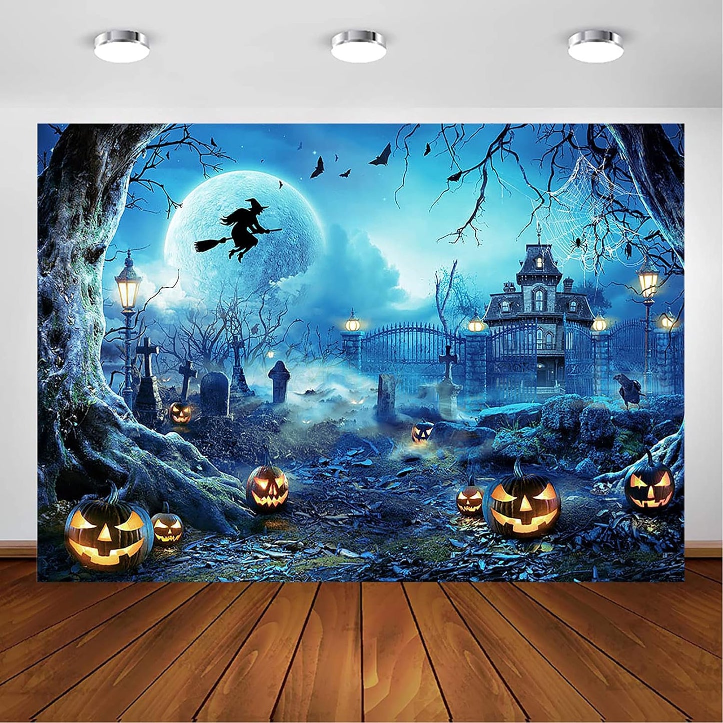 Avezano Halloween Photography Backdrop Full Moon Scary Night Castle Pumpkins Party Background Spooky Witch Bats Cemetery Child Kids Halloween Party Decorations Photoshoot Backdrops (10x7ft, Blue)