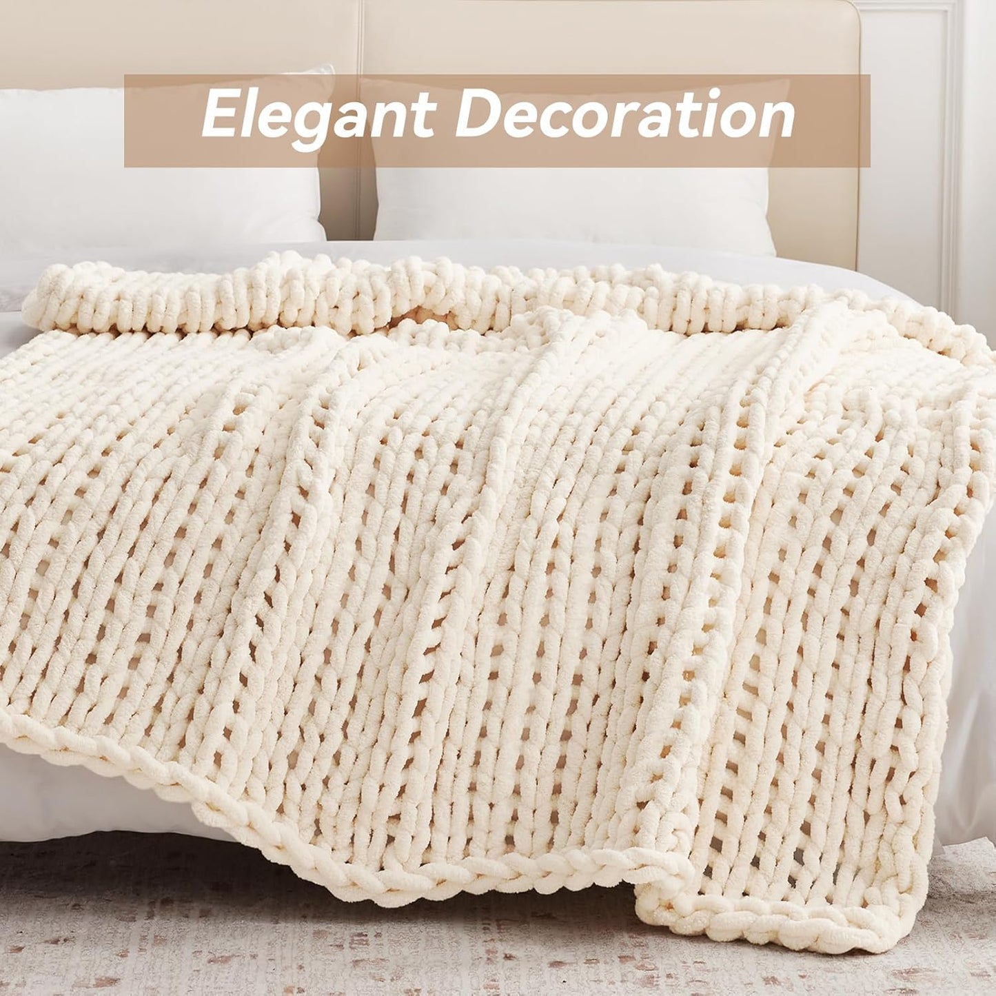 Chunky Knit Throw Blanket, 60''*80'' Knitted Throw Chenille Yarn for Bed Couch, Handmade Cream Crochet Big Thick Blanket, Machine Washable Cute Comfy Blanket for Home Decor