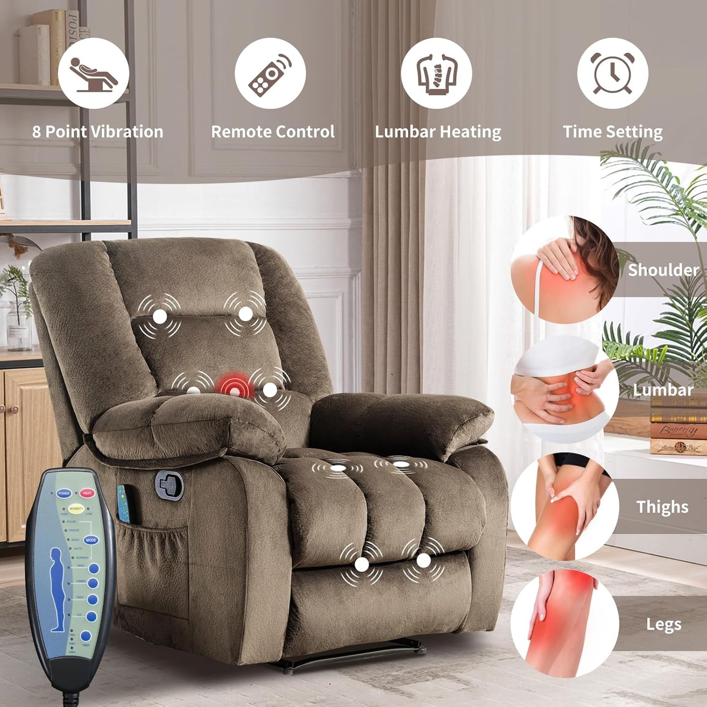 Massage Recliner Chair with Heat and Massage, Soft Fabric Ergonomic Manual Reclining Chairs, Heavy Duty Reclining Sofa Chair with Side Pockets for Living Room (Taupe)