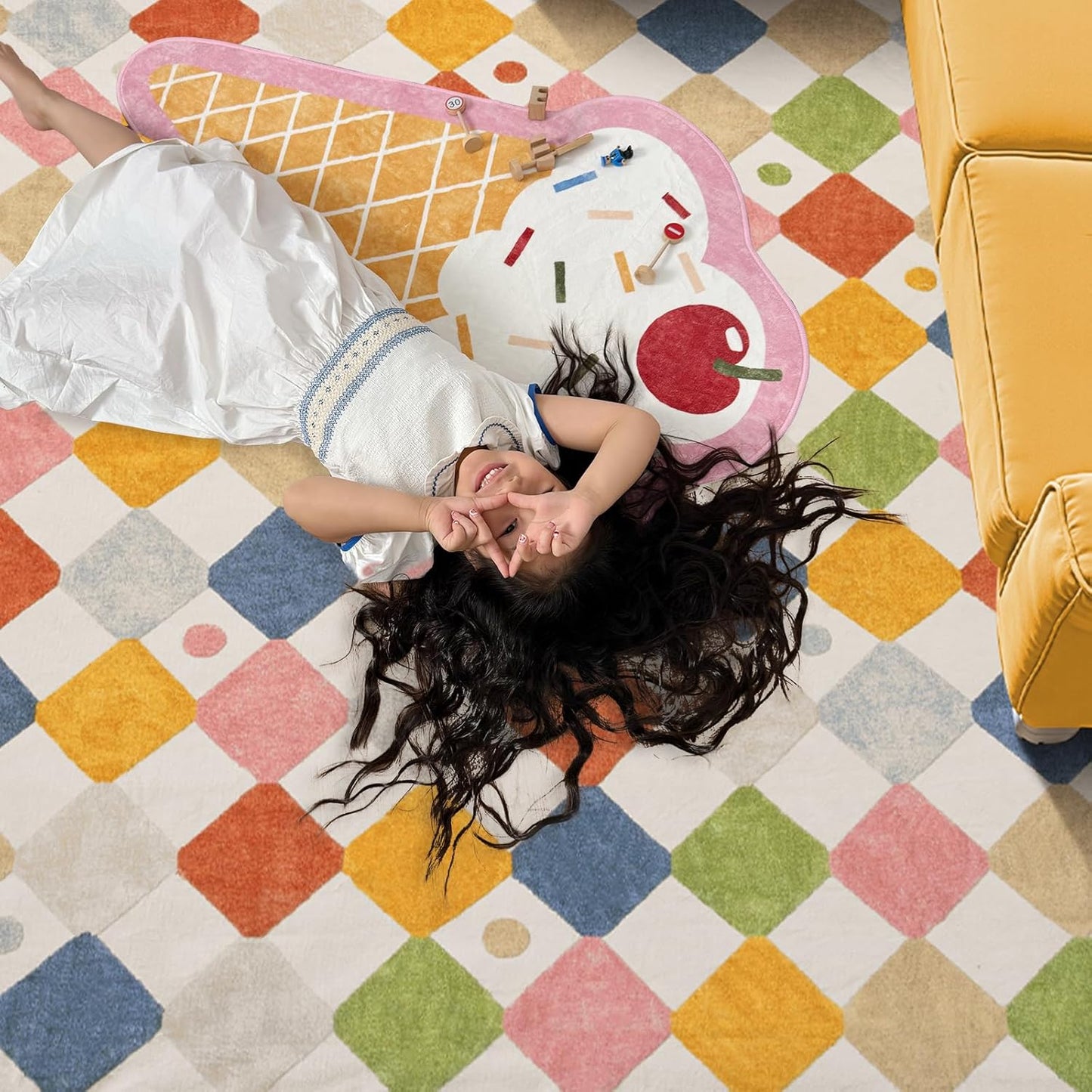 jinchan Area Rug 3x5 Kids Washable Indoor Floor Cover Non-Slip Modern Soft Rug Elementary School Classroom Colorful Diamond Carpet for Nursery Playroom Daycare Bedroom Living Room Circus on Cream