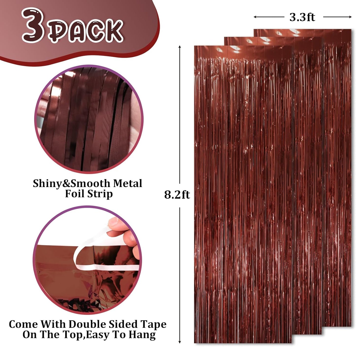 3 Pack 3.3 x 8.2 ft Brown Foil Fringe Backdrop Curtains, Tinsel Streamers Party Decorations, Fringe Backdrop, Door Shimmer for Thanksgiving Day or Birthday Party