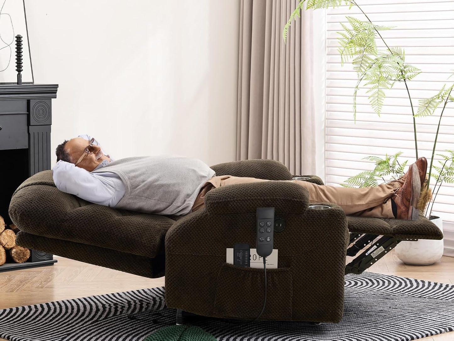 Oversized Dual Motor Lay Flat Power Lift Recliner Chair with Massage, Heating, Lumbar Pillow, USB & Type-C Ports, Textile Lift Chairs Recliners, Large Recliner for Big & Elderly People - Brown