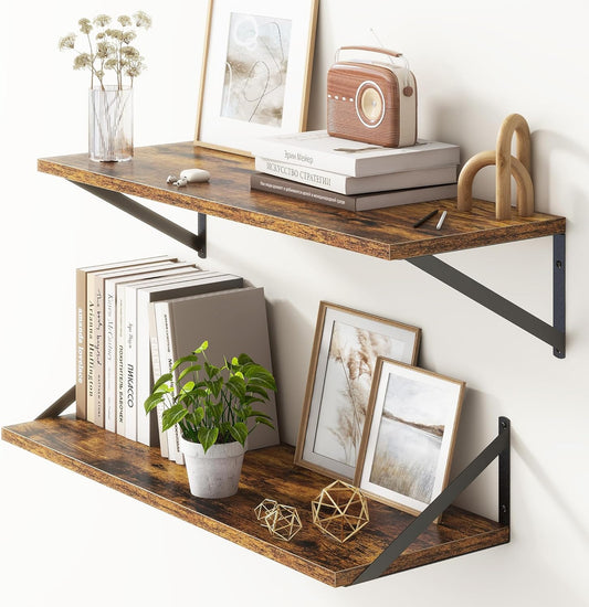 10 Inch Deep Floating Shelves, Floating Shelves 30 Inch Long, Rustic Wood Wall Shelves 30"W x 10"D, Deep Floating Shelf with Bracket, Wide Storage Shelves for Living Room, Bathroom, Rustic Brown