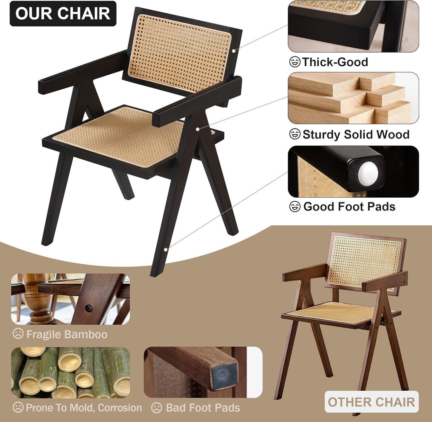 Rattan Dining Chairs Set of 6, Kitchen Chairs Cane for Dining Room, Black