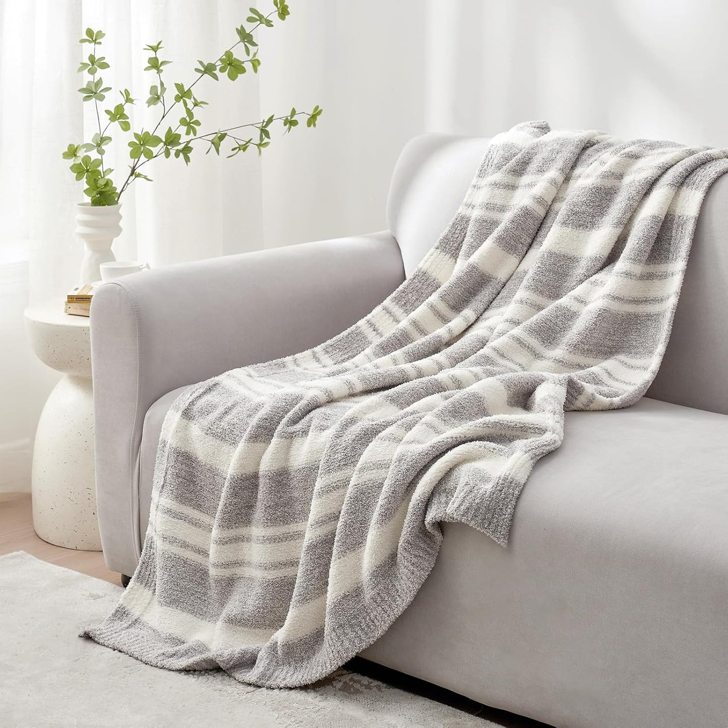 Snuggle Sac Grey Stripe Knitted Throw Blanket for Couch, Reversible Super Soft Warm Blankets Cozy Knit Fuzzy Plush Lightweight Throws for Sofa, Bed, Stripe Grey, 50 x 60 inches