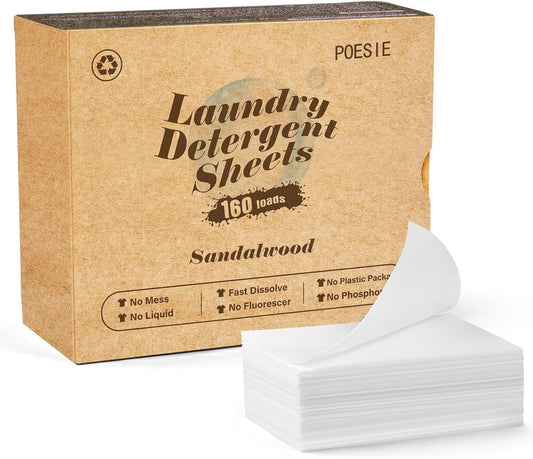Poesie Laundry Detergent Sheet Sandalwood Scent 160 Sheets Non Plastic Washing Sheets Detergent Travel Laundry Kit No waste Portable Soap Sheet for Machine Wash & Hand Wash