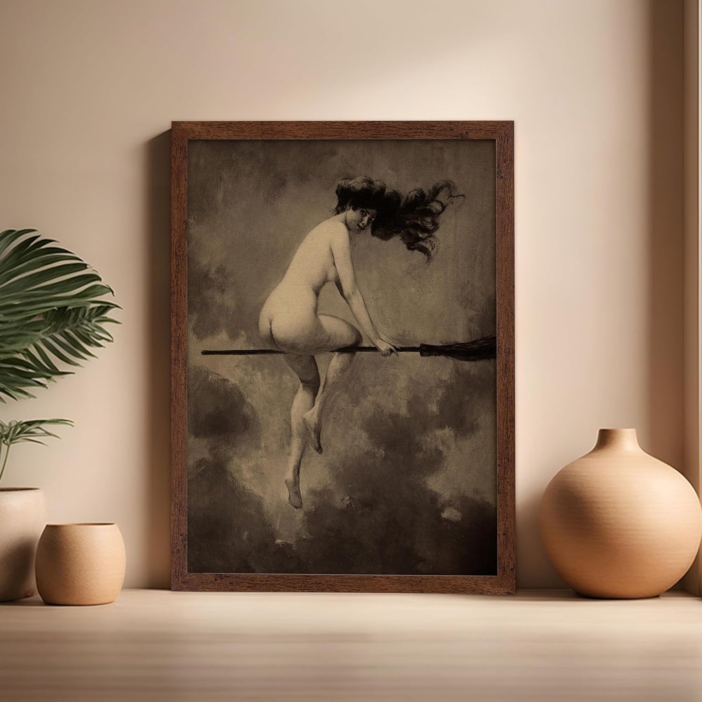 Poster Master Vintage Albert Joseph Penot Poster - Retro Halloween Print - Gift for Artist, Friend - Departure for the Sabbath, Naked Witch on Broom - Wall Decor for Bedroom, 16x20 Brown Framed