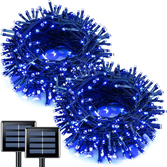 JMEXSUSS 2 Pack Blue Solar Christmas Lights: 100 LED 33ft Blue Solar Lights Outdoor, 8 Modes Solar String Lights for Outside Christmas Tree Gardens Party