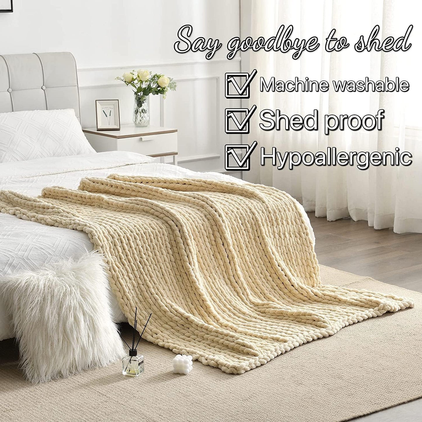 Maetoow Tighter Version Chenille Chunky Knit Blanket Throw （60×80 Inch）, Handmade Warm & Cozy Blanket Couch, Bed, Home Decor, Soft Fleece Banket, Boho Thick Blankets and Giant Yarn Throws，Beige