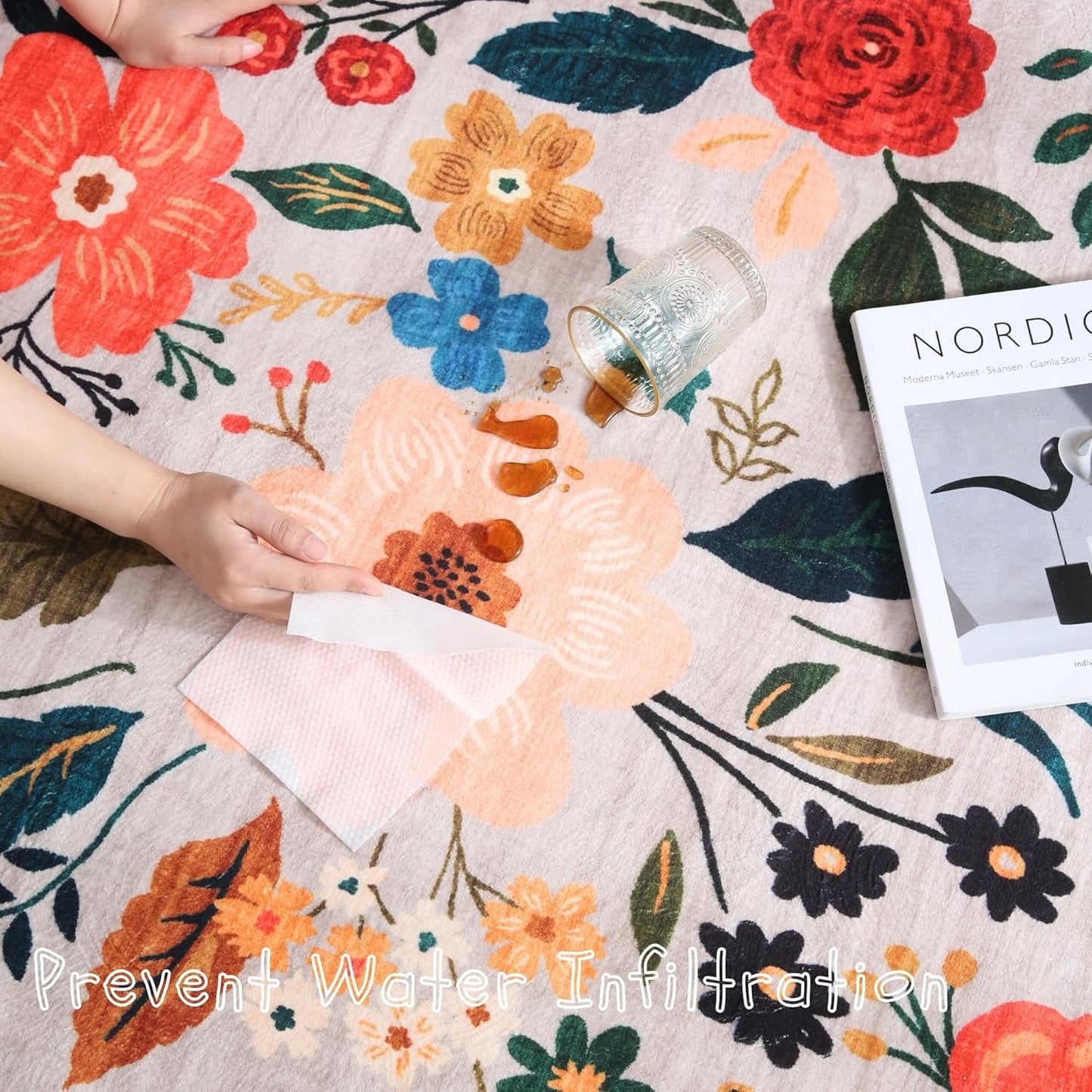 Living Room Rug 5x7 Rug Machine Washable Boho Area Rug Non Slip Floral Vintage Low Pile Large Rugs for Living Room, Bedroom, Farmhouse, Dining Room, Kids Playroom(Beige)