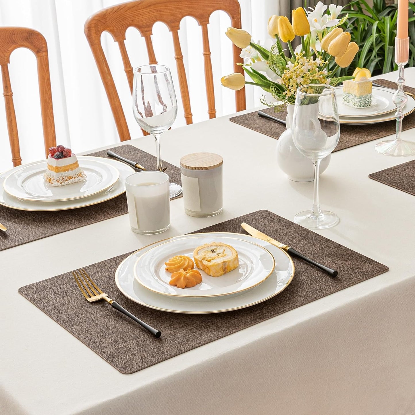 Romanstile Vinyl Placemats Set of 12-12 X 18 Inch - Heat Resistant Place Mats 100% Waterproof Oilproof Wipeable Reversible Faux Leather Table Mats for Kitchen/Dining/Party/Outdoor, Brown