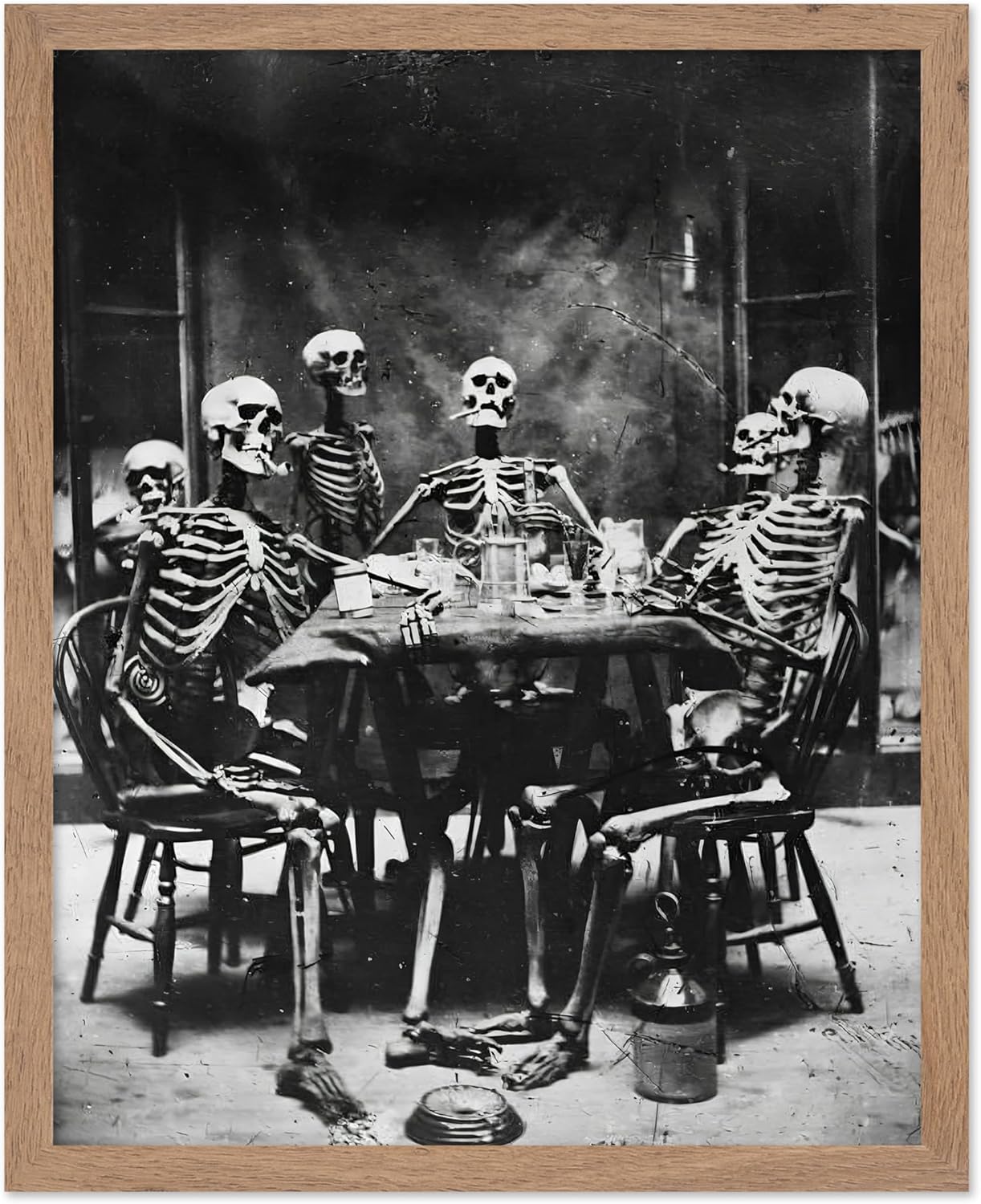 Poster Master Vintage Photograph Poster - Retro Daguerreotype Print - Gift for Artist, Friend - Skeletons Smoking at Table, Dinner Party, Goth - Wall Decor for Home, Dorm, 11x14 Beige Framed