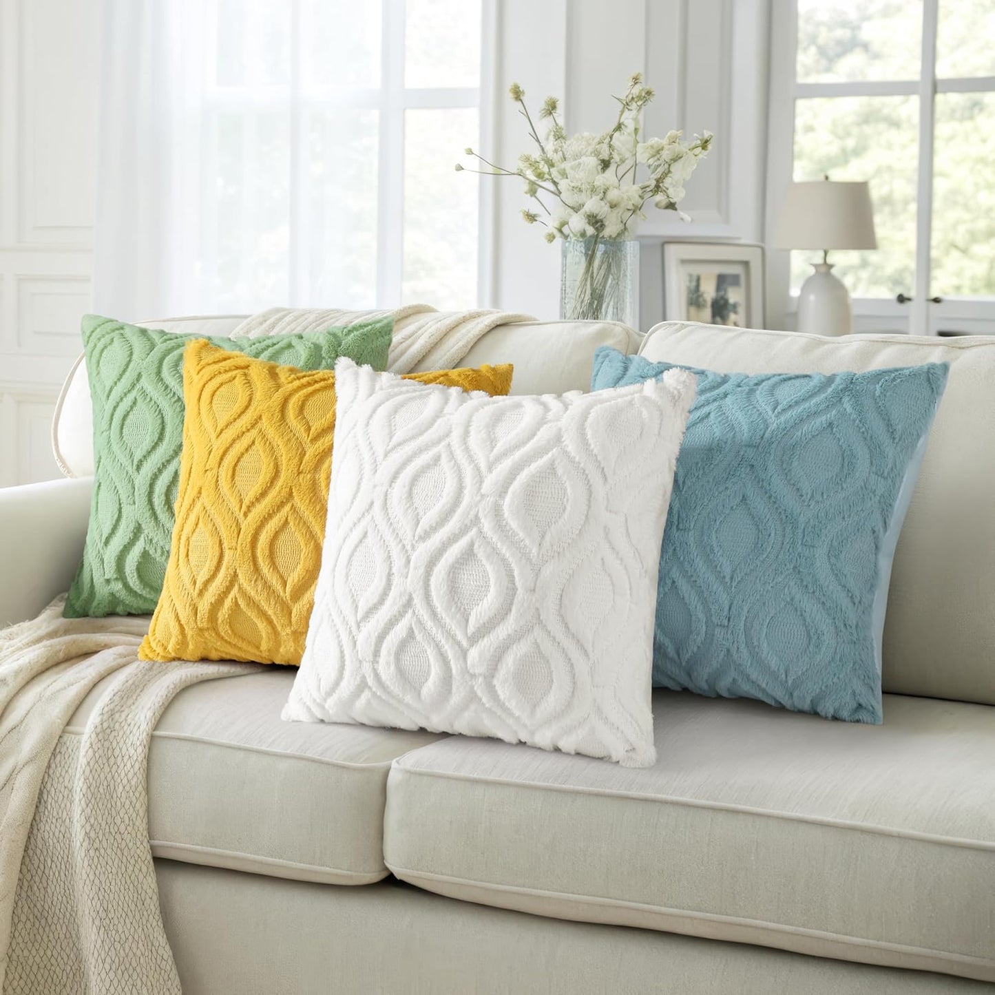 decorUhome Throw Pillow Covers 12x20 Inch Set of 2, Soft Plush Decorative Faux Fur Cream Beige Solid Couch Pillow Covers, Accent Farmhouse Neutral Lumbar Euro Pillow Cases for Sofa Bed Living Room