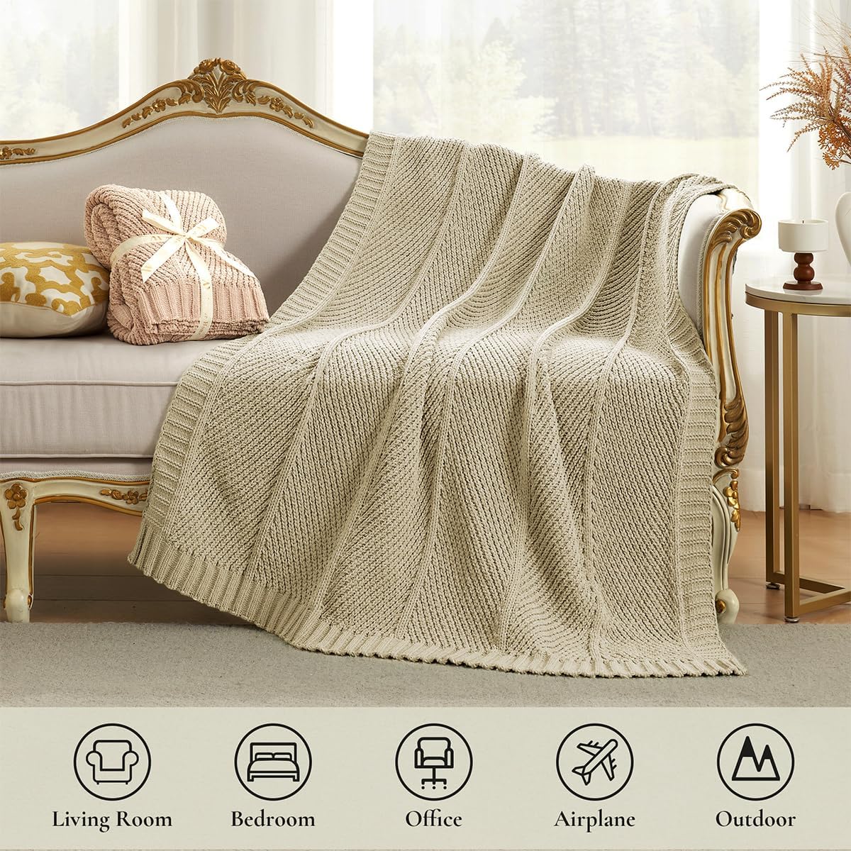 Amélie Home Chenille Knit Throw Blanket for Couch, Chevron Texture Decorative Soft Blanket for Sofa, Bed & Chair, 60"x80", Beige